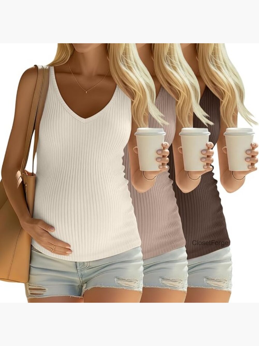 3 Pack Maternity Tank Tops Cotton Ribbed Knit V Neck Sleeveless Summer Tops